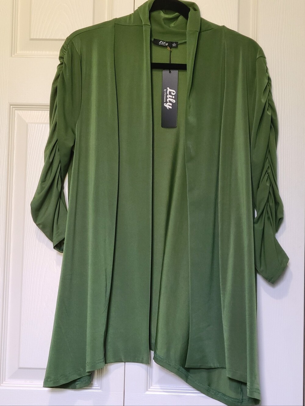 Lily by Fermiana Olive Green Ruched Sleeve Knit Draped Open Front Cardigan Large